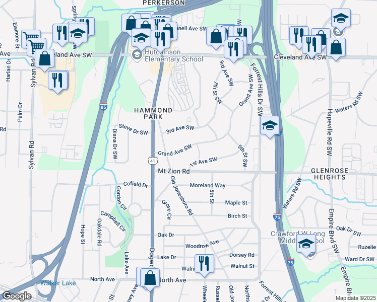 map of restaurants, bars, coffee shops, grocery stores, and more near 3008 Grand Avenue Southwest in Atlanta