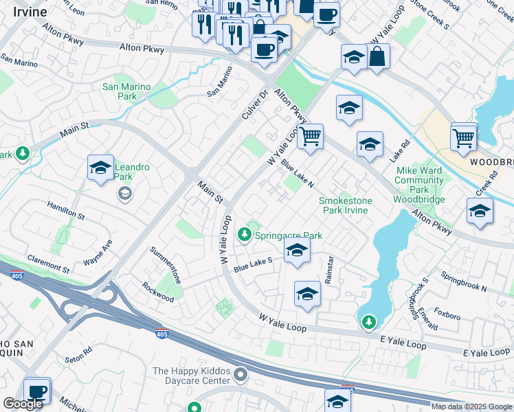 map of restaurants, bars, coffee shops, grocery stores, and more near 14 Windsong in Irvine