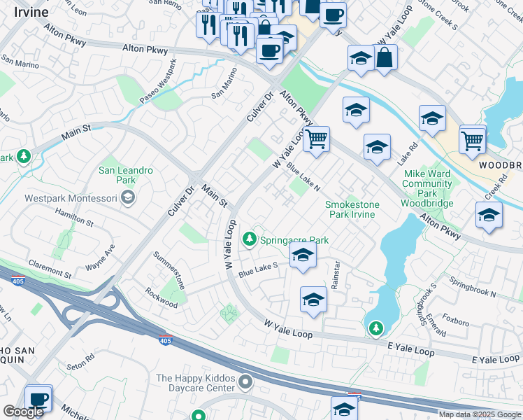 map of restaurants, bars, coffee shops, grocery stores, and more near 34 Summerwind in Irvine