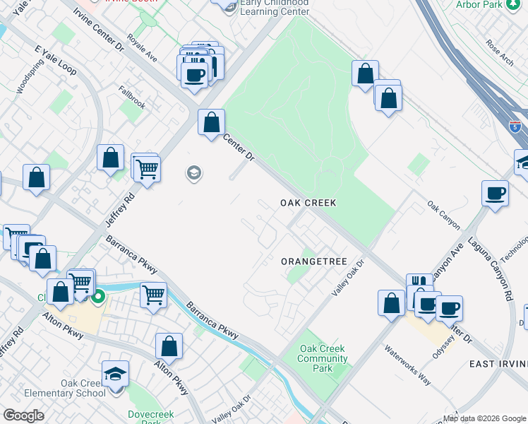 map of restaurants, bars, coffee shops, grocery stores, and more near 95 Tarocco in Irvine