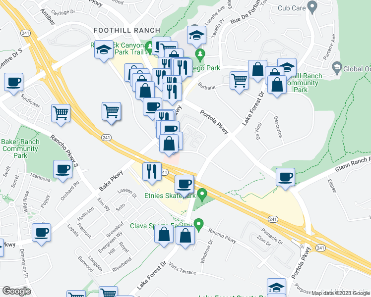 map of restaurants, bars, coffee shops, grocery stores, and more near 145 Primrose Drive in Lake Forest