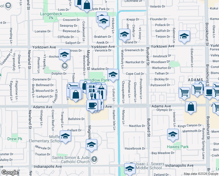 map of restaurants, bars, coffee shops, grocery stores, and more near 9172 Pioneer Drive in Huntington Beach