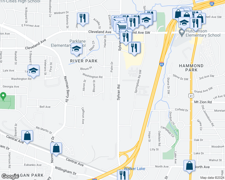 map of restaurants, bars, coffee shops, grocery stores, and more near 2931 Palm Drive in East Point