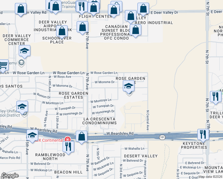 map of restaurants, bars, coffee shops, grocery stores, and more near 410 West Mohawk Lane in Phoenix