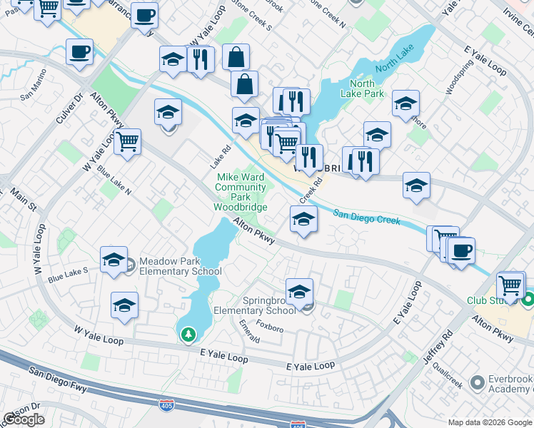 map of restaurants, bars, coffee shops, grocery stores, and more near 22 Creek Road in Irvine