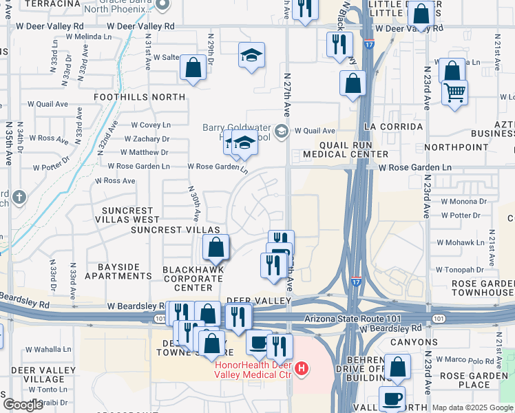 map of restaurants, bars, coffee shops, grocery stores, and more near 20808 North 27th Avenue in Phoenix
