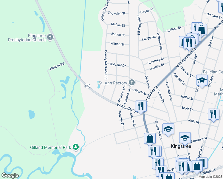 map of restaurants, bars, coffee shops, grocery stores, and more near 719 Highland Drive in Kingstree