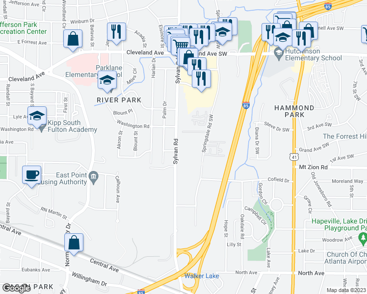 map of restaurants, bars, coffee shops, grocery stores, and more near 2950 Sylvan Road in East Point