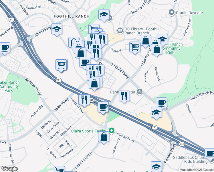 map of restaurants, bars, coffee shops, grocery stores, and more near 137 Primrose Drive in Lake Forest