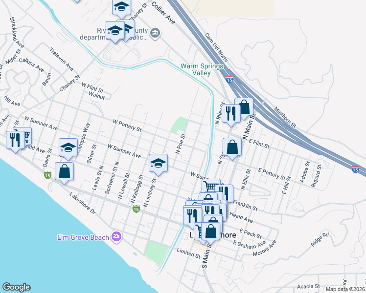 map of restaurants, bars, coffee shops, grocery stores, and more near 409 West Pottery Street in Lake Elsinore