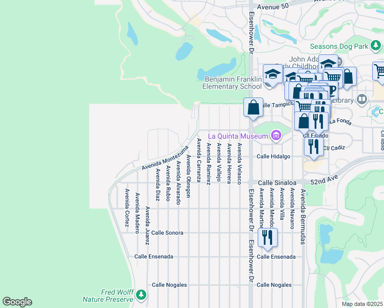 map of restaurants, bars, coffee shops, grocery stores, and more near 51490 Avenue Obregon in La Quinta