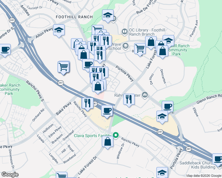 map of restaurants, bars, coffee shops, grocery stores, and more near 126 Primrose Drive in Lake Forest