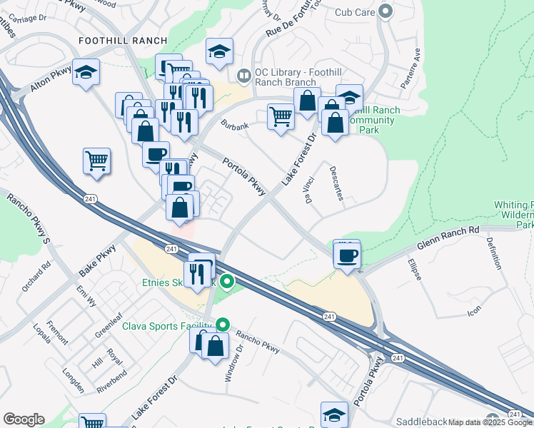 map of restaurants, bars, coffee shops, grocery stores, and more near 27051 Towne Centre Drive in Lake Forest