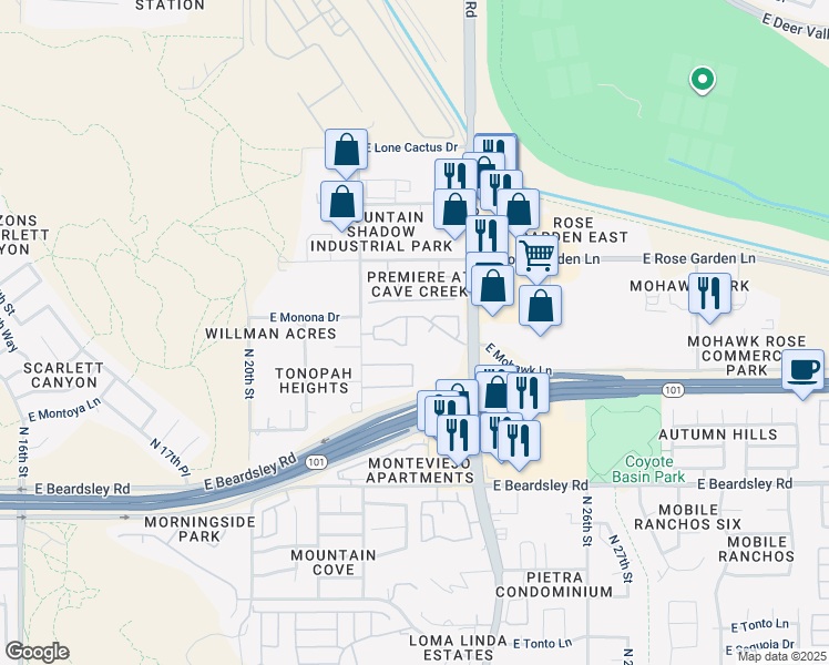 map of restaurants, bars, coffee shops, grocery stores, and more near 2245 East Monona Drive in Phoenix