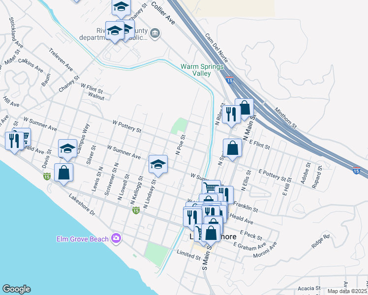 map of restaurants, bars, coffee shops, grocery stores, and more near 409 West Pottery Street in Lake Elsinore