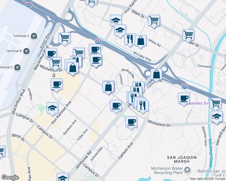 map of restaurants, bars, coffee shops, grocery stores, and more near 808 Rockefeller in Irvine