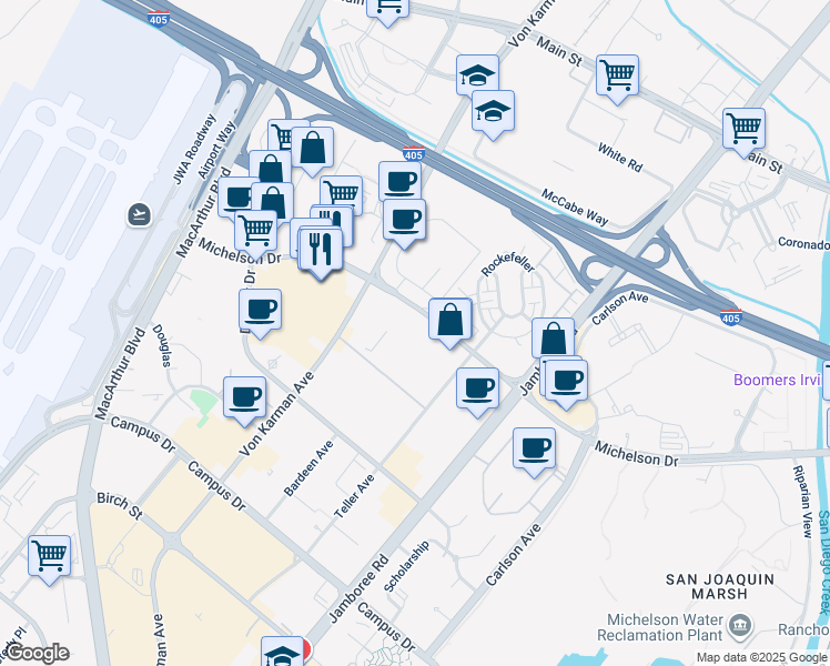map of restaurants, bars, coffee shops, grocery stores, and more near 300 Michelson Drive in Irvine