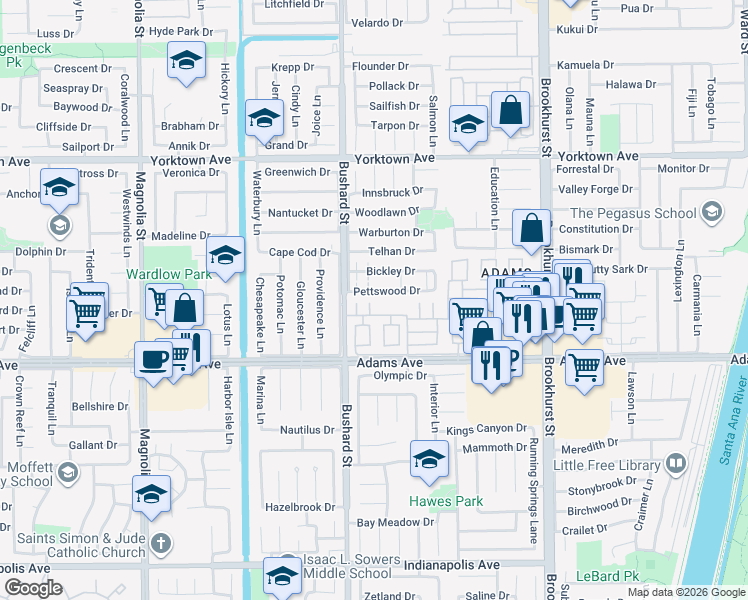 map of restaurants, bars, coffee shops, grocery stores, and more near 9565 Pettswood Drive in Huntington Beach