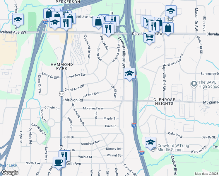 map of restaurants, bars, coffee shops, grocery stores, and more near 2906 Grand Avenue Southwest in Atlanta