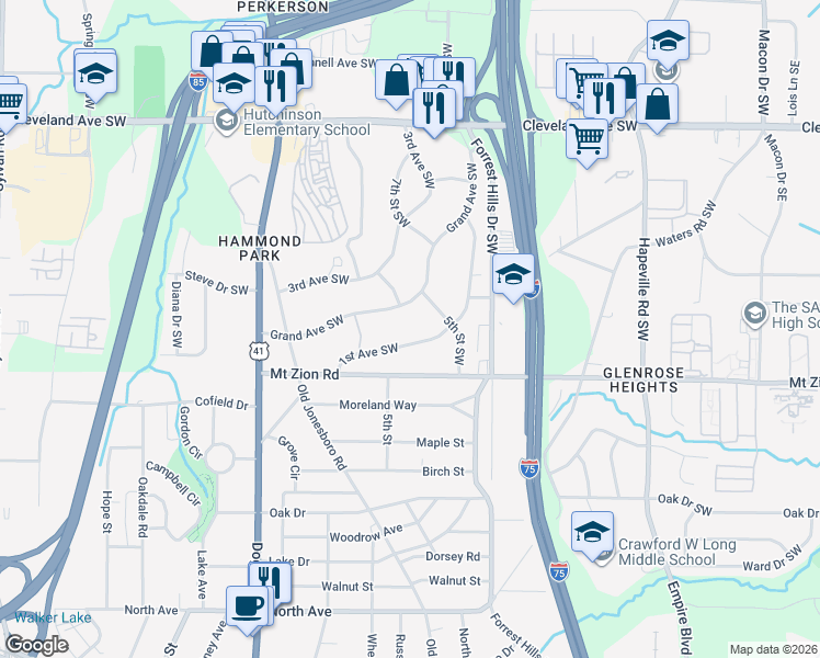 map of restaurants, bars, coffee shops, grocery stores, and more near 2906 Grand Avenue Southwest in Atlanta