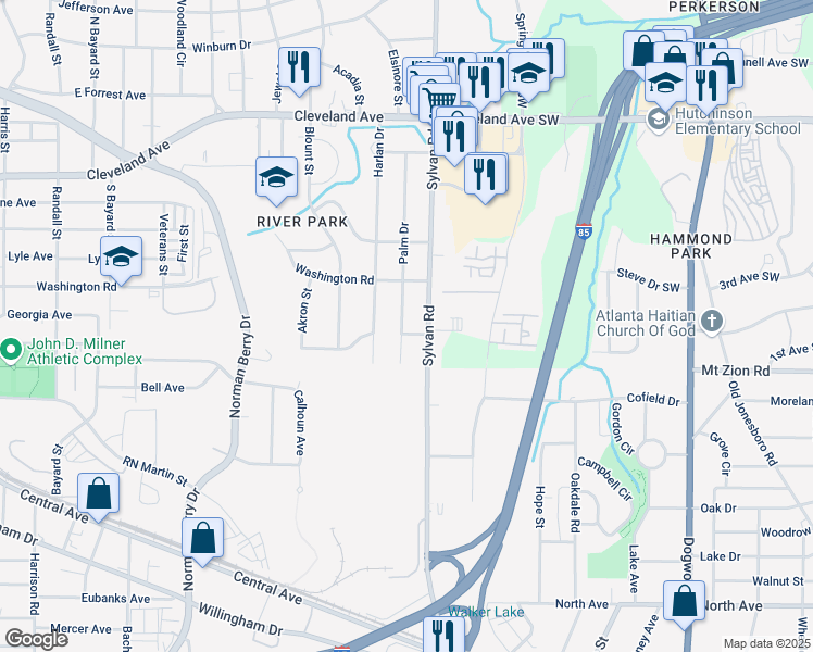 map of restaurants, bars, coffee shops, grocery stores, and more near 2931 Palm Drive in East Point