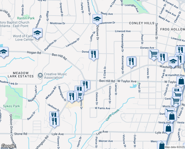 map of restaurants, bars, coffee shops, grocery stores, and more near 2950 Laurel Lane in East Point