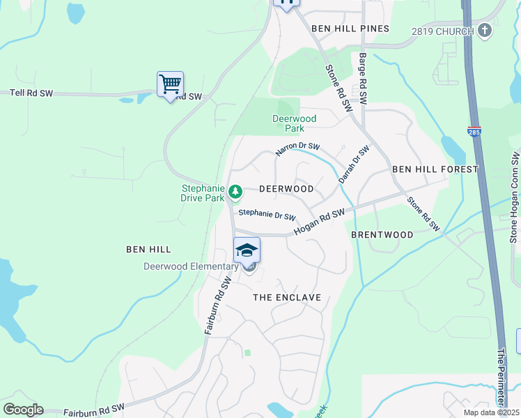 map of restaurants, bars, coffee shops, grocery stores, and more near 3793 Stephanie Drive Southwest in Atlanta