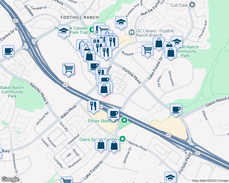map of restaurants, bars, coffee shops, grocery stores, and more near 137 Primrose Drive in Lake Forest