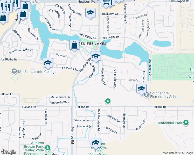 map of restaurants, bars, coffee shops, grocery stores, and more near 30714 Wavecrest Circle in Menifee