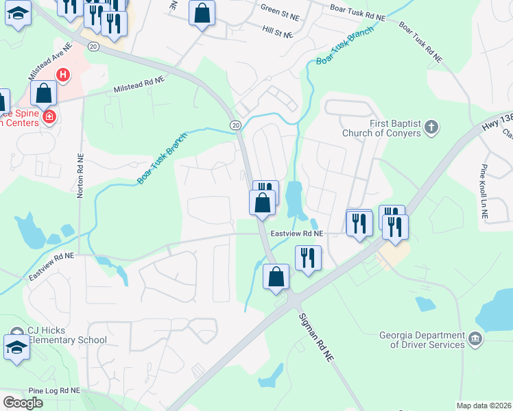 map of restaurants, bars, coffee shops, grocery stores, and more near 1100 Highway 20 in Conyers