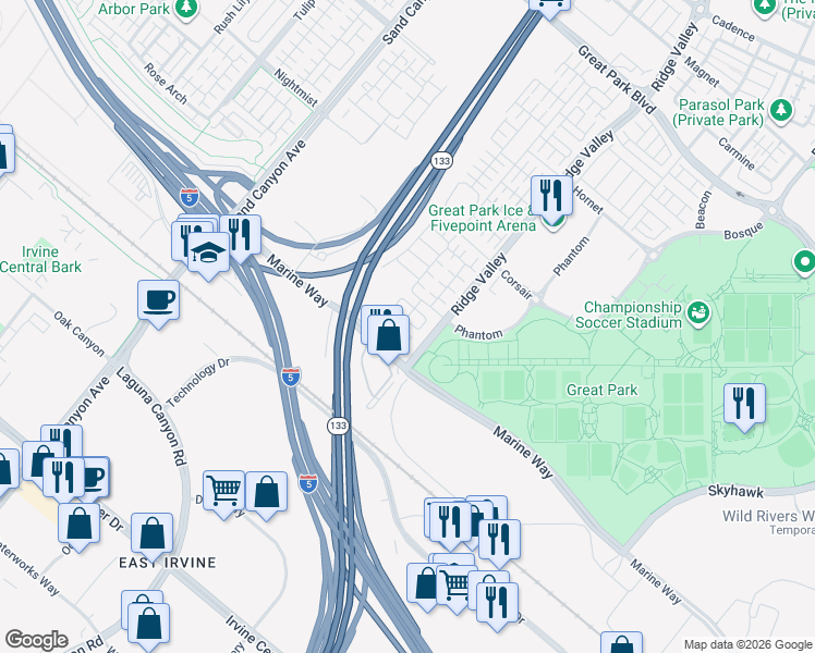 map of restaurants, bars, coffee shops, grocery stores, and more near 140 Palencia in Irvine