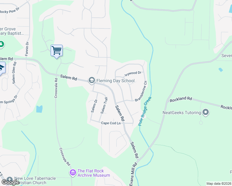 map of restaurants, bars, coffee shops, grocery stores, and more near 5712 Salem Road in Stonecrest