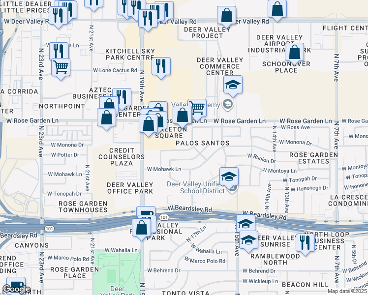 map of restaurants, bars, coffee shops, grocery stores, and more near 1731 West Rose Garden Lane in Phoenix