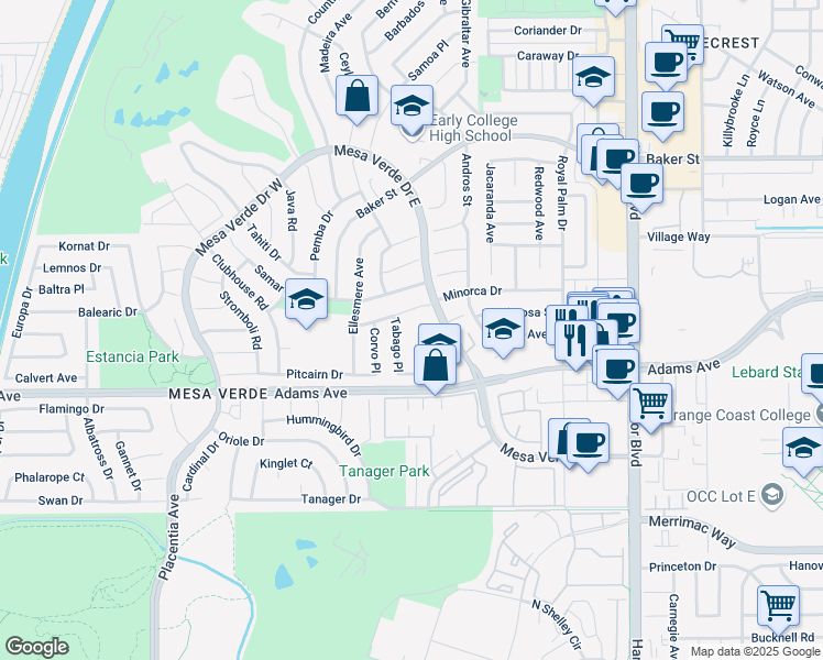 map of restaurants, bars, coffee shops, grocery stores, and more near 2857 Serang Place in Costa Mesa