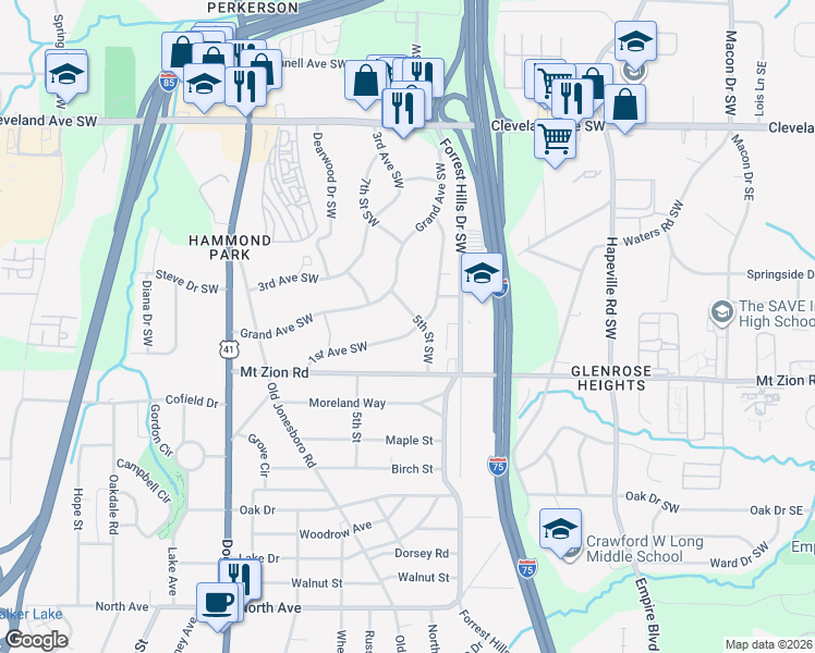 map of restaurants, bars, coffee shops, grocery stores, and more near 2906 Grand Avenue Southwest in Atlanta