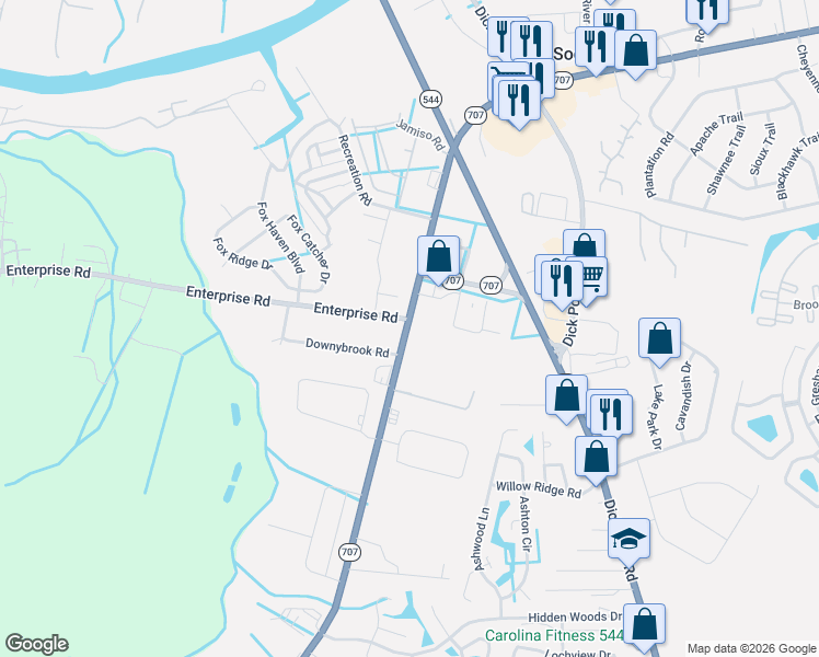 map of restaurants, bars, coffee shops, grocery stores, and more near 6215 South Carolina 707 in Myrtle Beach