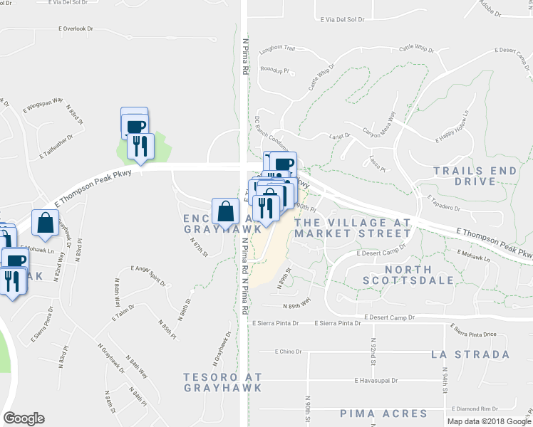 map of restaurants, bars, coffee shops, grocery stores, and more near 20775 North Pima Road in Scottsdale