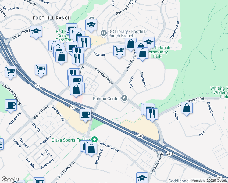 map of restaurants, bars, coffee shops, grocery stores, and more near 27051 Towne Centre Drive in Lake Forest