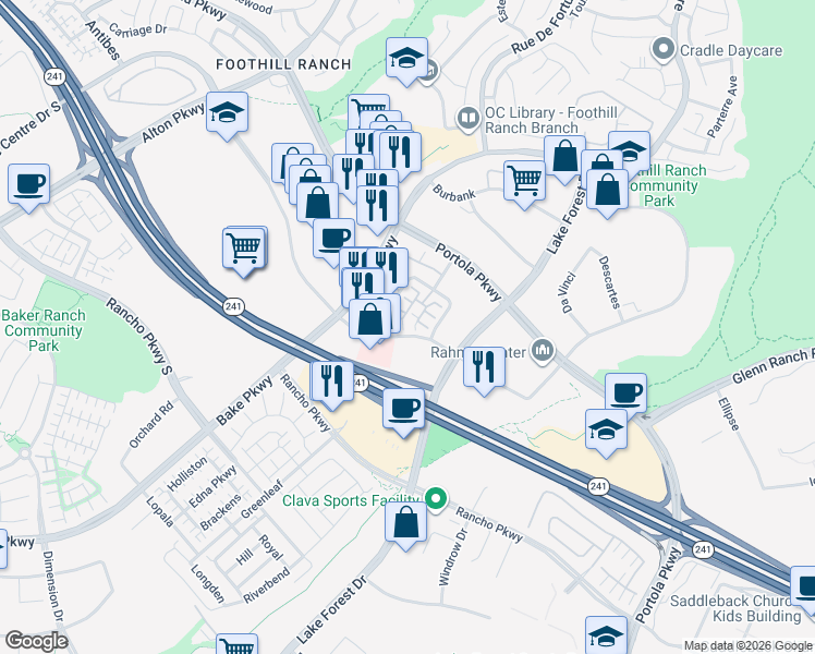 map of restaurants, bars, coffee shops, grocery stores, and more near 143 Primrose Drive in Lake Forest