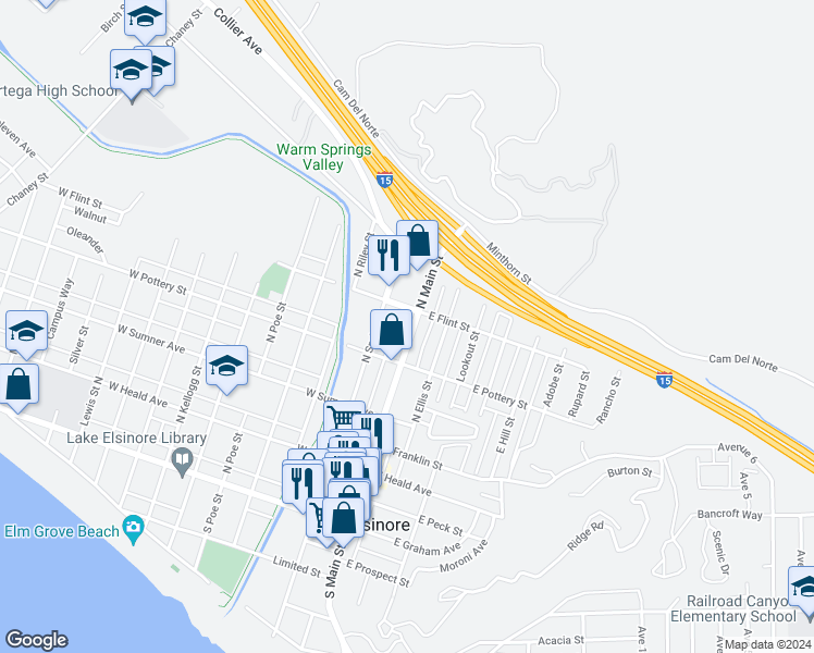 map of restaurants, bars, coffee shops, grocery stores, and more near 417 North Main Street in Lake Elsinore