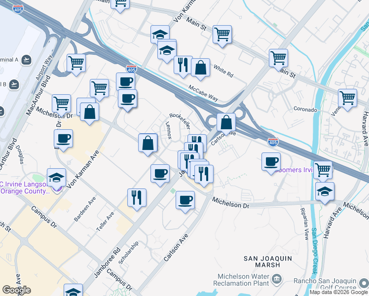 map of restaurants, bars, coffee shops, grocery stores, and more near 4407 Rivington in Irvine
