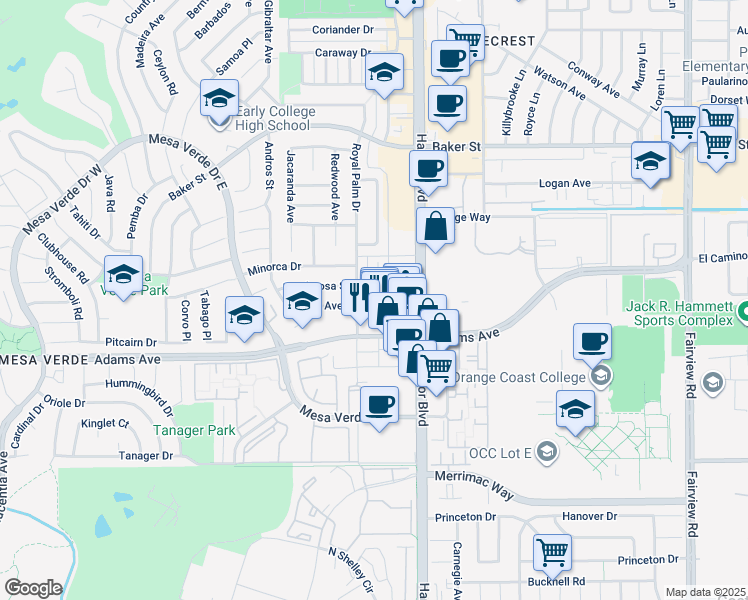 map of restaurants, bars, coffee shops, grocery stores, and more near 1537 Ponderosa Street in Costa Mesa