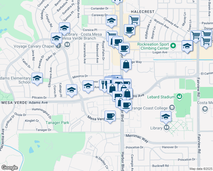 map of restaurants, bars, coffee shops, grocery stores, and more near 1537 Ponderosa Street in Costa Mesa