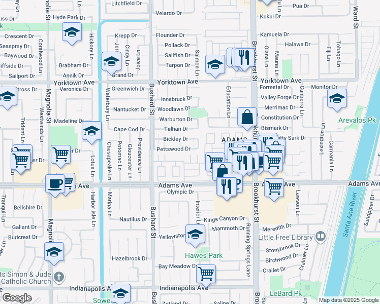 map of restaurants, bars, coffee shops, grocery stores, and more near 9643 Pettswood Drive in Huntington Beach