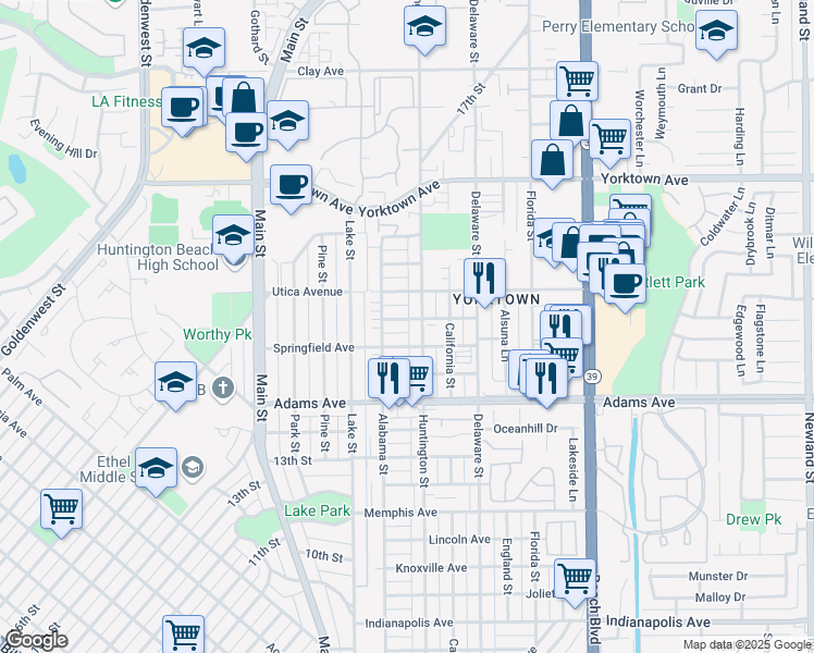 map of restaurants, bars, coffee shops, grocery stores, and more near 216 Utica Avenue in Huntington Beach