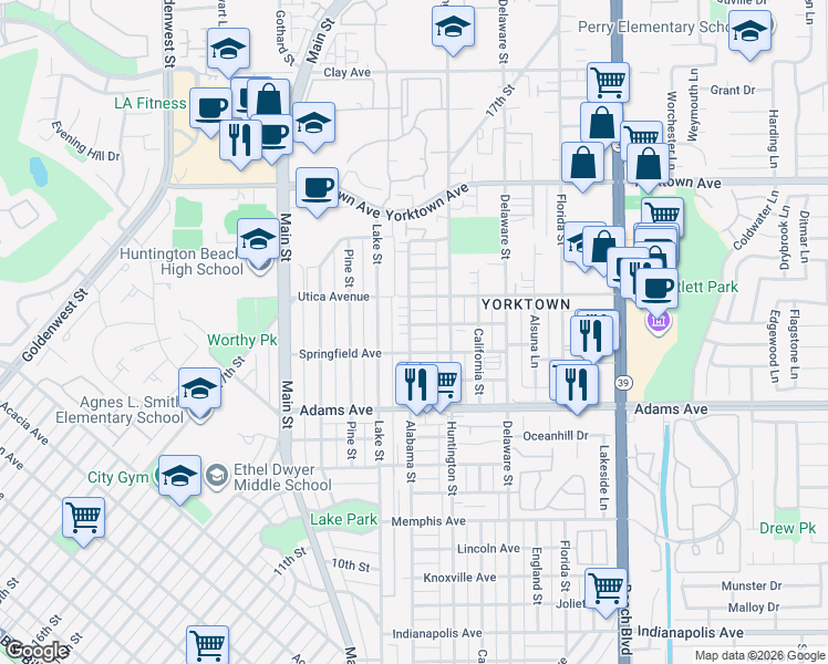 map of restaurants, bars, coffee shops, grocery stores, and more near 216 Utica Avenue in Huntington Beach