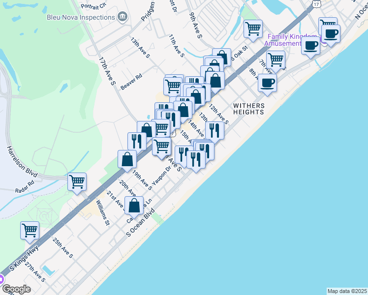 map of restaurants, bars, coffee shops, grocery stores, and more near 404G 16th Avenue South in Myrtle Beach