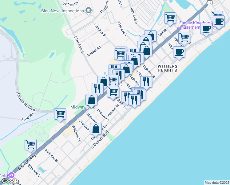 map of restaurants, bars, coffee shops, grocery stores, and more near 1611 South Kings Highway in Myrtle Beach