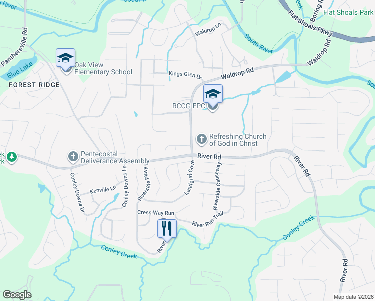 map of restaurants, bars, coffee shops, grocery stores, and more near 3322 River Road in Decatur