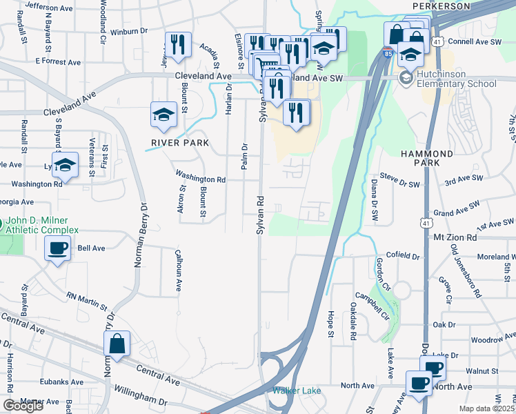 map of restaurants, bars, coffee shops, grocery stores, and more near 2936 Sylvan Road in East Point